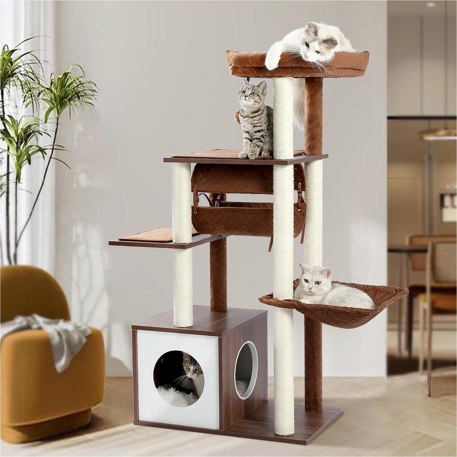 51.4 Inches Modern Cat Tree Premium 6 Levels Wooden Cat Tower with Fully Sisal Covered Scratching Posts, Cozy Condo, Spacious Perch, Super Large Hammock and Swing Tunnel for Indoor Cats Brown