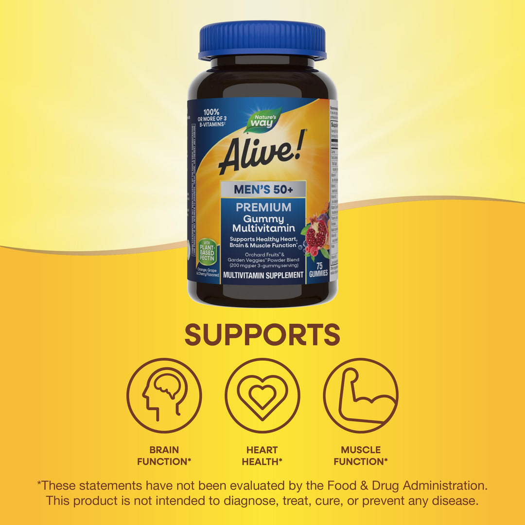 Nature’s Way Alive! Men’s 50+ Premium Gummy Multivitamin, Supports Healthy Heart, Brain &amp; Muscle Function*, B-Vitamins, Vegetarian, Grape, Orange and Cherry Flavored, 75 Gummies (Packaging May Vary)
