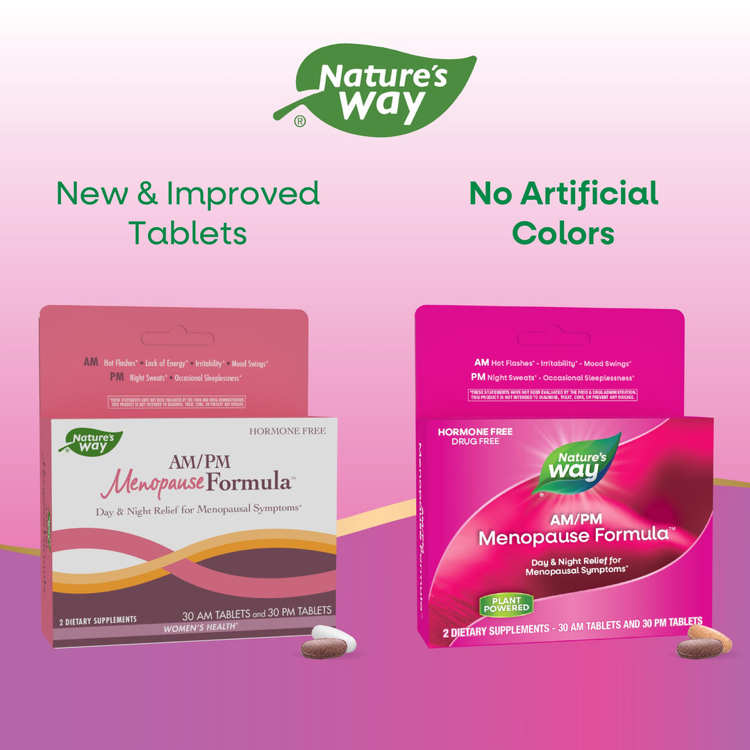 Nature&#39;s Way AM/ PM Menopause, Hot Flash Relief*, Night Sweats*, Restful Sleep*, Mood Swings*, Hormone-Free Formulas with Black Cohosh, L-Theanine, Valerian, 60 Tablets (Packaging May Vary)