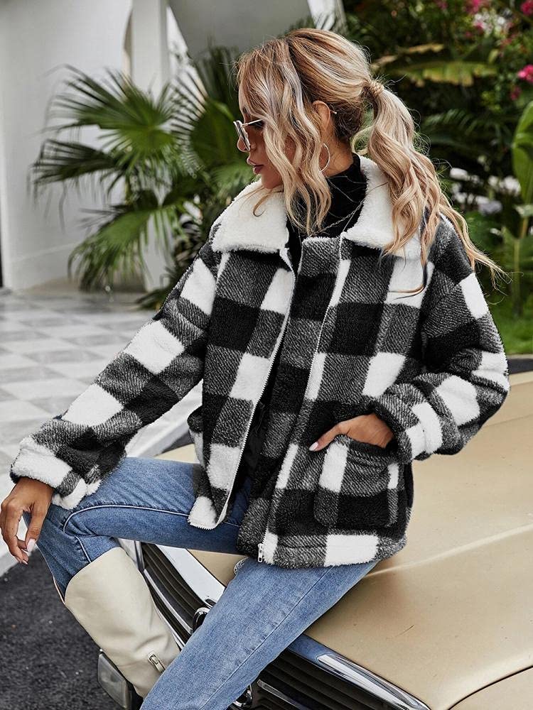 Women&#39;s Coat Casual Lapel Fleece Fuzzy Faux Shearling Zipper Coats Warm Winter Oversized Outwear Jackets (Black White Plaid,Small)