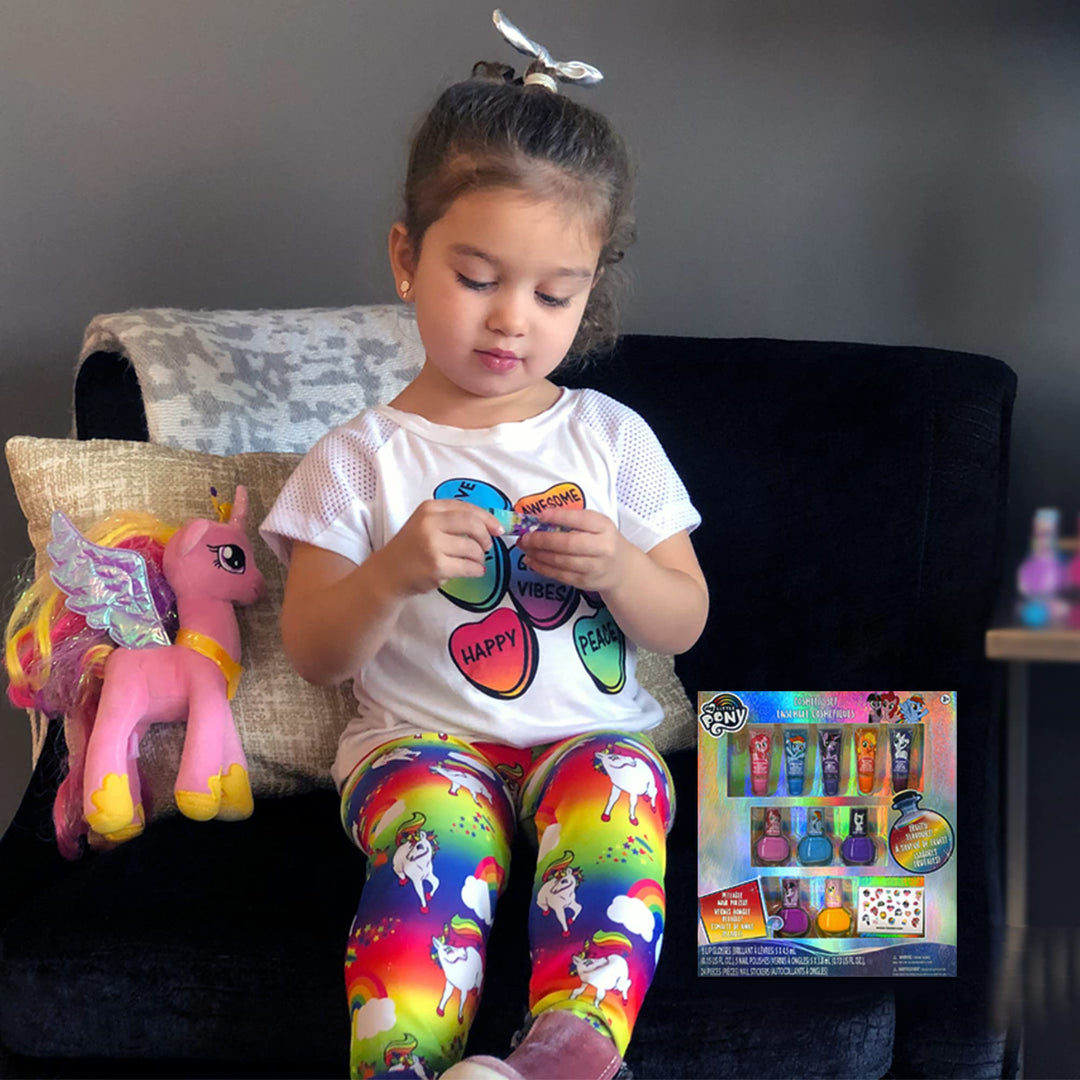 My Little Pony 10 Pcs Sparkly Cosmetic Beauty Makeup Set for Kids Girls Teen with 5 Pcs Lip Gloss, 5 Pcs Nail Polish &amp; Nail Stickers Perfect for Parties, Sleepovers and Makeovers Age 3+