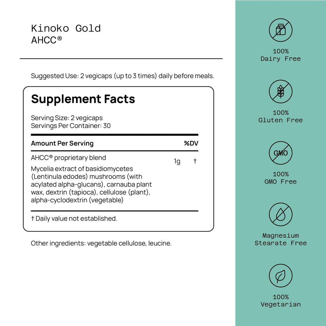 Premium Kinoko Gold AHCC Supplement–500mg of AHCC per Capsule–Supports Immune Health, Liver Function, Maintains Natural Killer Cell Activity &amp; Enhances Cytokine Production–60 Veggie Capsules