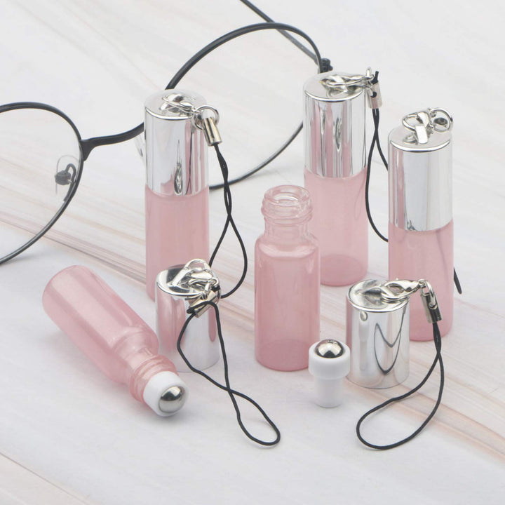 5ml Pink Glass Essential Oil Roller-on Bottles with Stainless Steel Roller Balls Pearlescent Vials for Perfume Aromatherapy Oils Pack of 18 (Opener Pendant Included)