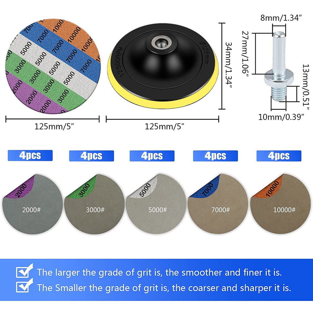 Water Grit Sandpaper 2000/3000/5000/7000/10000 and 5-inch Backing Pad Set, Wet Dry Electric Hook &amp;Loop Sanding Disc with Pad, Grinding Abrasive Paper and Orbital Sander Polisher