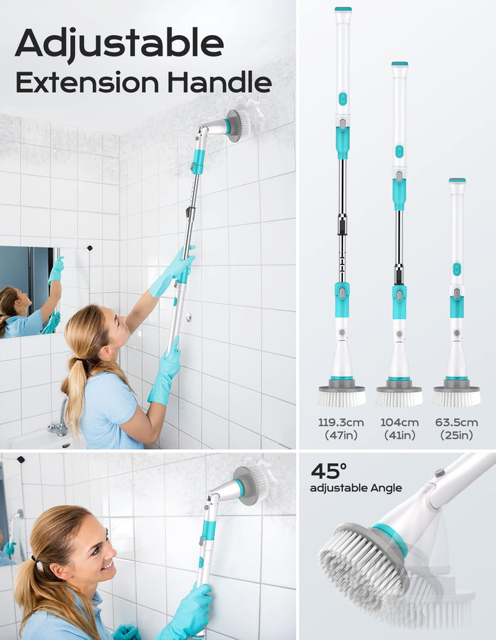 Electric Spin Scrubber, Cordless Cleaning Brush with Adjustable Arm and 4 Replaceable Head, Fast Charging, Multi-Purpose, Shower Scrubber for Bathtub Tile Sink Bathroom Kitchen Grout