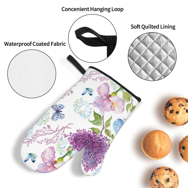 Watercolor Flowers Iris Peony Lilac Oven Mitts and Pot Holders Set of 4, Oven Mittens and Potholders Heat Resistant Gloves for Kitchen Cooking Baking Grilling BBQ
