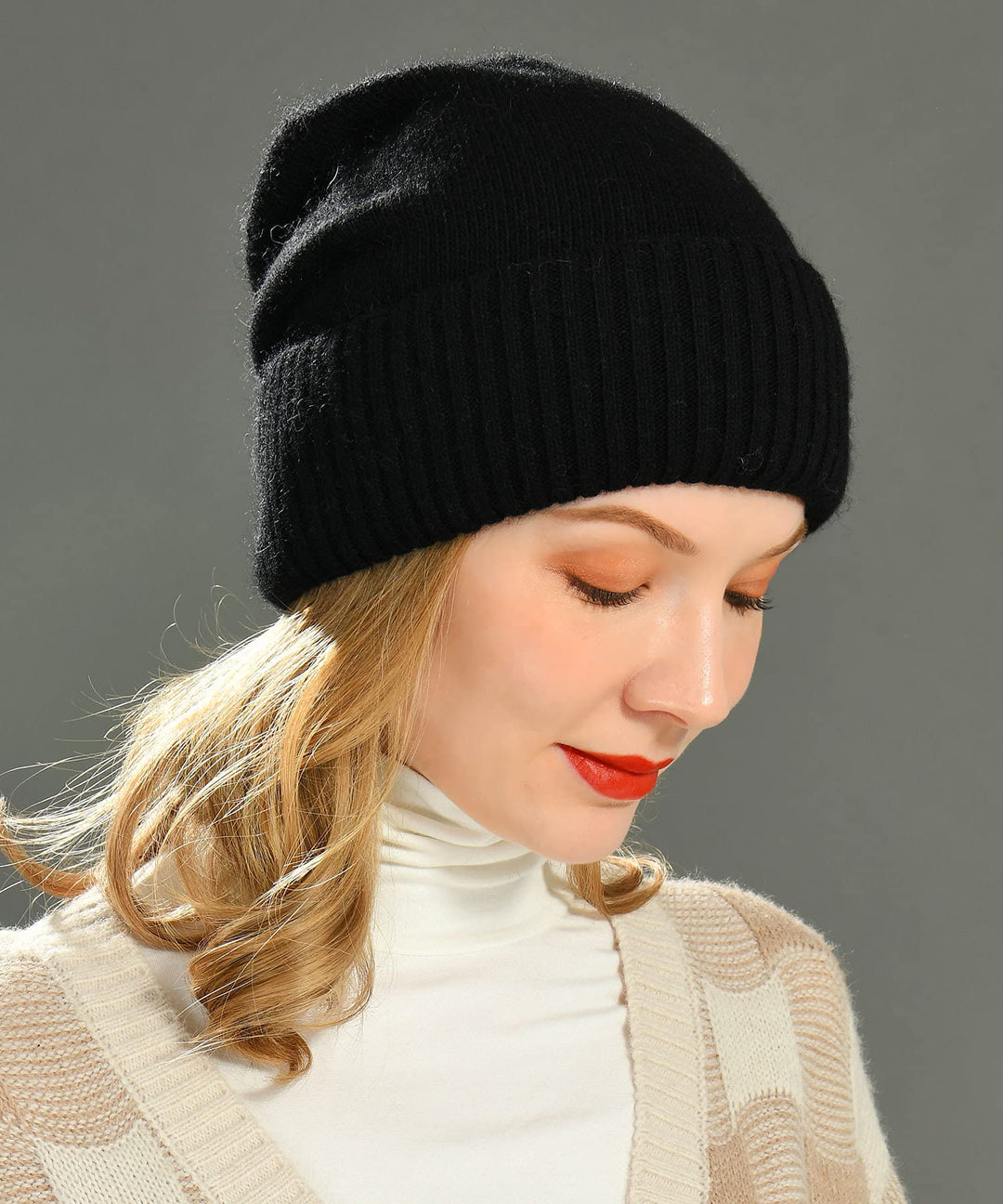 Cashmere Slouchy Beanies for Women Winter Lightweight Girls Wool Knit Hat Cuffed Soft Warm Slouch Beanie Cap - New Black