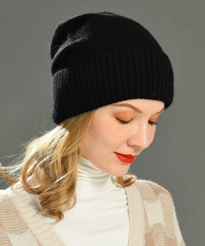 Cashmere Slouchy Beanies for Women Winter Lightweight Girls Wool Knit Hat Cuffed Soft Warm Slouch Beanie Cap - New Black