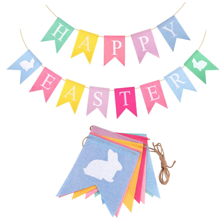2pcs Easter Banners, &#39;Happy Easter&#39; Bunting Garland Decorations, Lightweight Hessian Banner, Pennant Shape, 2.5m Length, Ideal for Party, Indoor &amp; Outdoor, Hand Wash Only