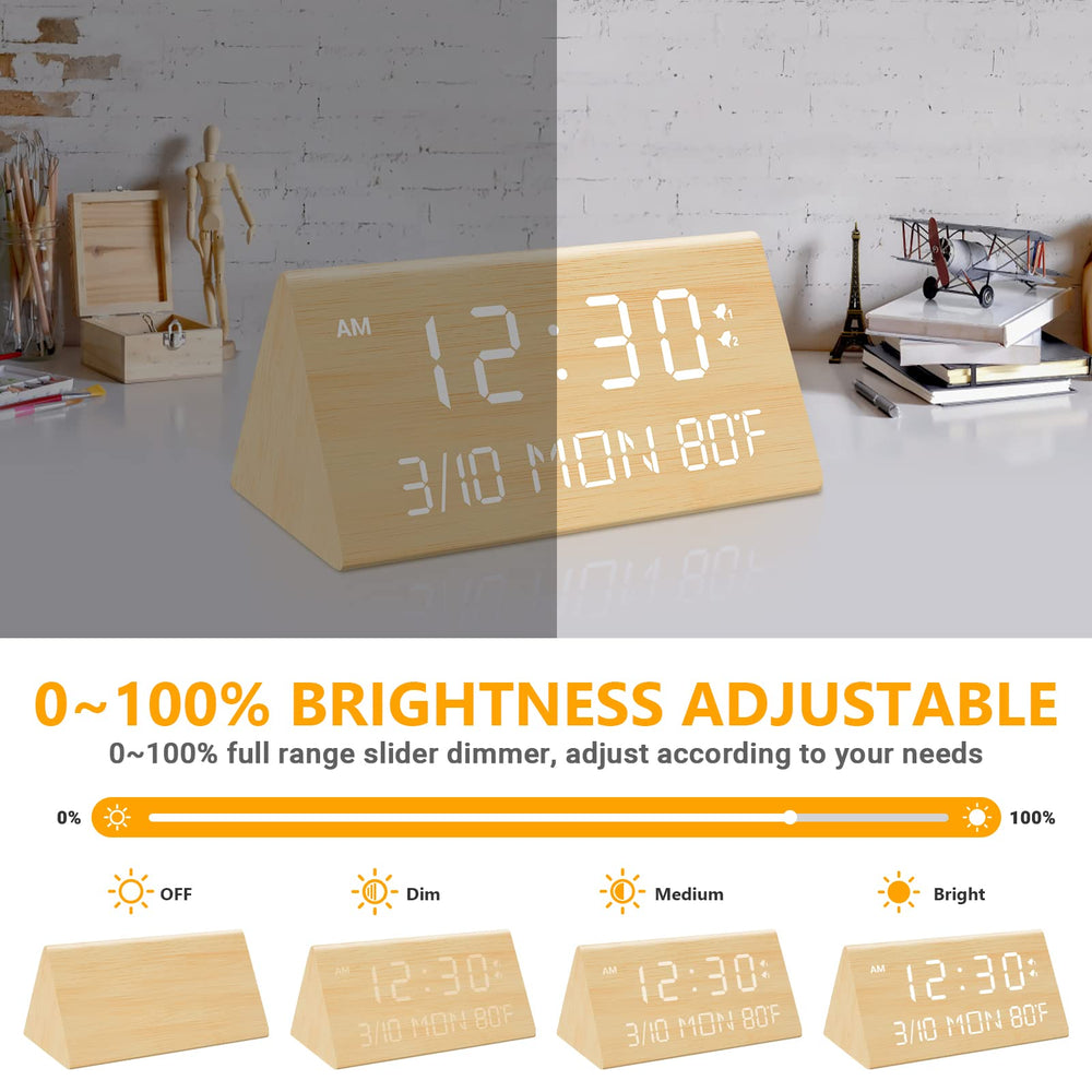 Wooden Digital Alarm Clock, 0-100% Dimmer, 2 Alarm Settings, Weekday/Everyday Mode, 9 Mins Snooze, 12/24H, Temperature and Date Display for Office, Travel, Bedroom Alarm Clock (Bamboo)
