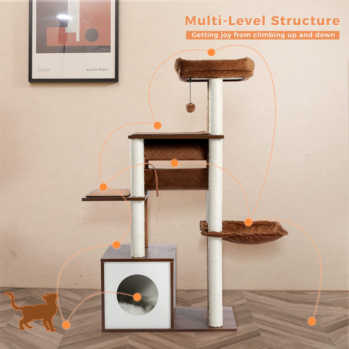 51.4 Inches Modern Cat Tree Premium 6 Levels Wooden Cat Tower with Fully Sisal Covered Scratching Posts, Cozy Condo, Spacious Perch, Super Large Hammock and Swing Tunnel for Indoor Cats Brown