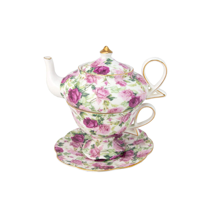 4-Piece Porcelain Tea for One, Stacked Teapot Cup Saucer, Pink Summer Rose Chintz