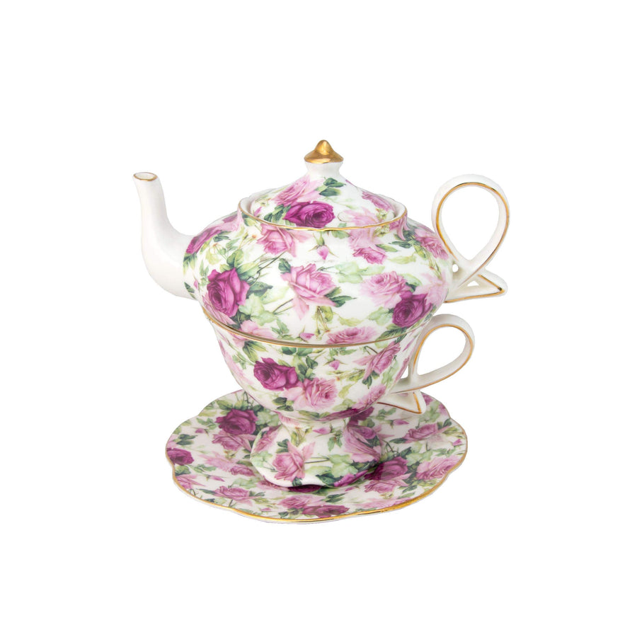 4-Piece Porcelain Tea for One, Stacked Teapot Cup Saucer, Pink Summer Rose Chintz