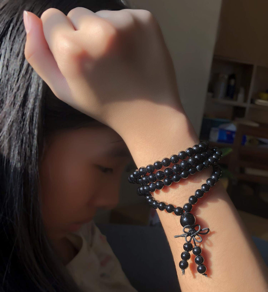 Natural Gemstones Buddhist 108 Prayer Healing Beads Mala Stretchy Bracelet Necklace 6mm (Black Onyx)