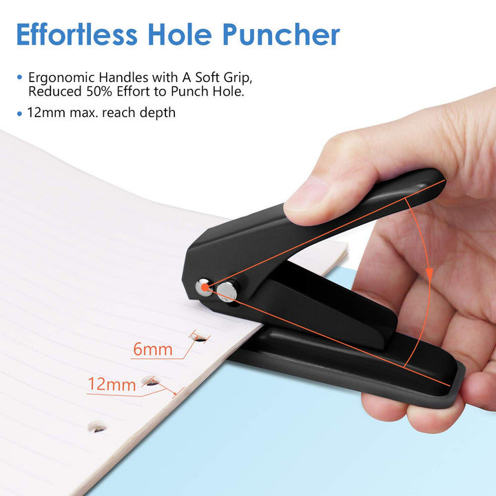 Single Hole Punch 1 Hole Puncher Heavy Duty Paper Hole Punch, 20 Sheet Punch Capacity, Whole Puncher Hand Craft Hole Puncher for Paper, Chipboard, Index Cards, Card Stock and Art Project, Black