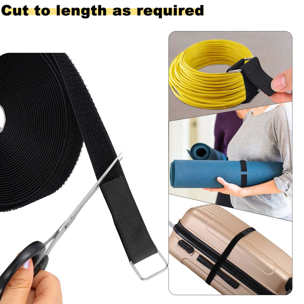 1x32ft Hook and Loop Straps with 50 Metal Buckles, Adjustable Fastening Cable Straps, Cut-to-Length Cinch Strap, Reusable Nylon Securing Cord Ties for Organizer or Storage, 1 inch Wide, Black