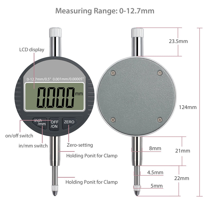 DTI Digital Dial Indicator 0.5 inch/12.7mm, High Resolution: 0.00005 inch/ 0.001mm, Digital Probe Indicator Dial Test Gauge