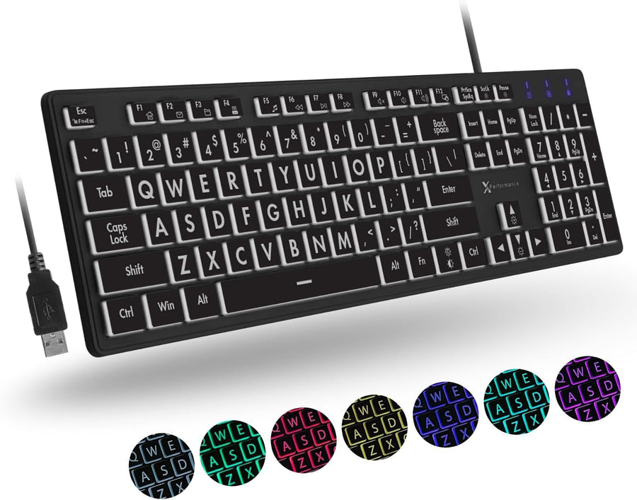Large Print Backlit Keyboard Wired - Easy to See and Type - Light Up Keyboard for Seniors, Elderly, Kids - USB Lighted Keyboard, 7 Colors, Oversize Letters - Easy View Light Up Computer Keyboards