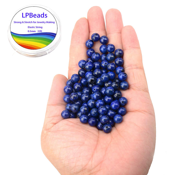 100PCS 8mm Blue Lapis Gemstone Round Loose Beads for Jewelry Making with Crystal Stretch Cord