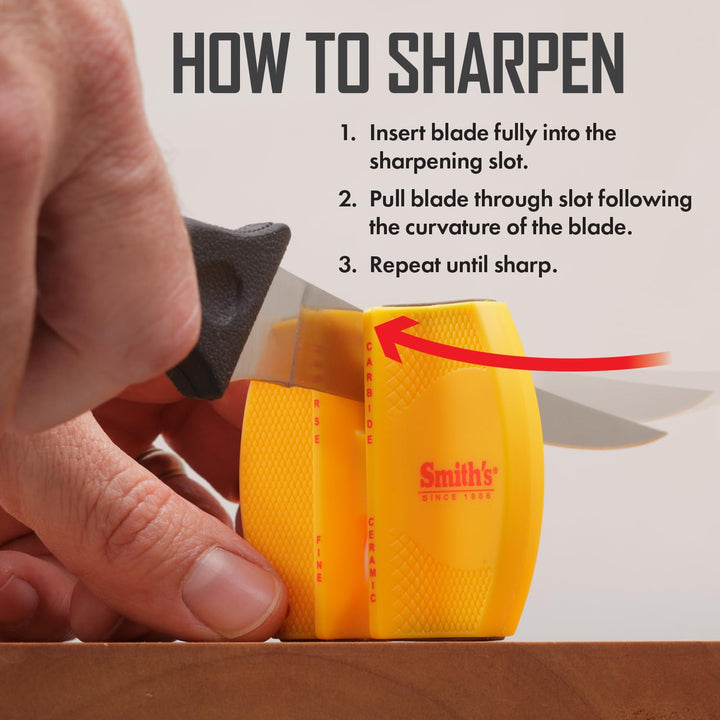 Smith&#39;s CCKS 2-Step Knife Sharpener - Yellow - 2-Step Preset Coarse &amp; Fine Slots - Outdoor Handheld Knife Sharpener - Fishing, Hunting, Fillet, Pocket Knives - Compact Plastic Portable Keychain Tool
