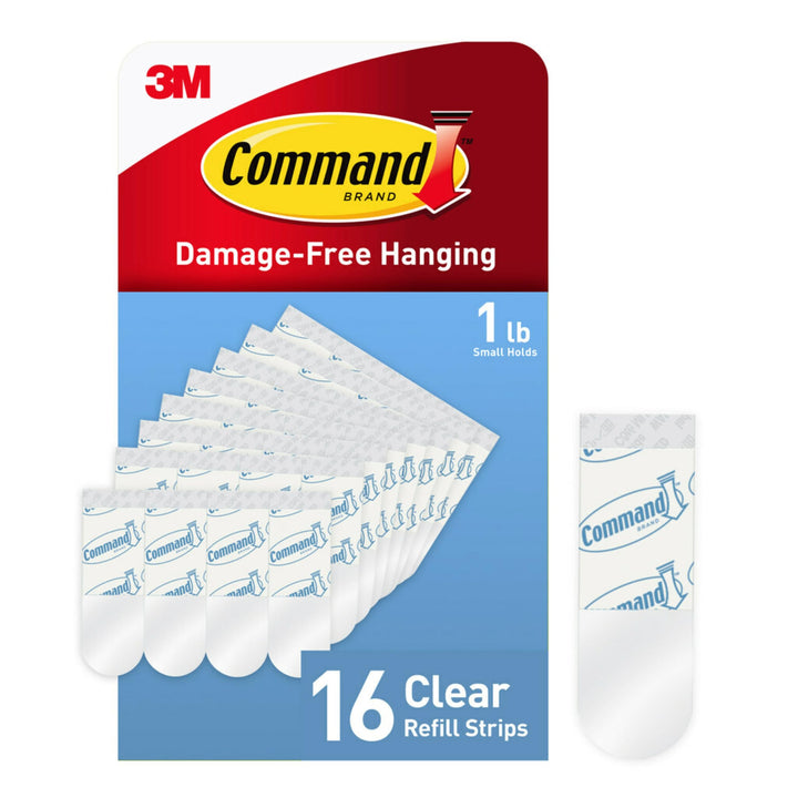 Small Refill Adhesive Strips, Damage Free Hanging Wall Adhesive Strips for Small Indoor Wall Hooks, No Tools Removable Adhesive Strips for Living Spaces, 16 Clear Strips
