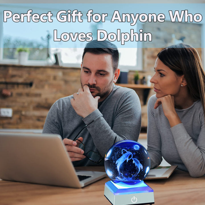 3D Dolphin Crystal Ball with Lighted Base Dolphin Gifts for Mom Women Decorative Glass Ball Night Light Engraved Dolphin Sphere Decoration Gifts for Mothers Day Birthday Anniversary
