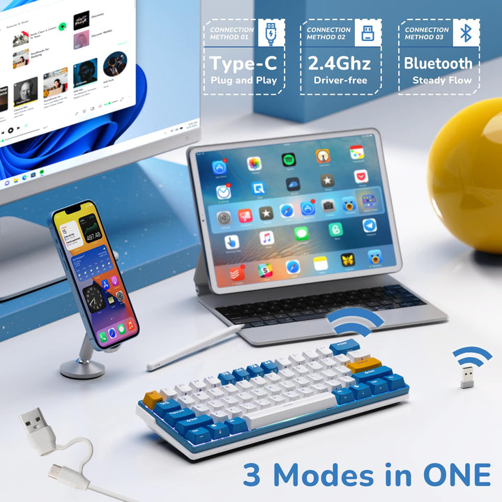RK61 Plus Wireless Mechanical Keyboard, Bluetooth/2.4G/Wired RGB Gaming Keyboard, 60% Percent Hot Swappable Computer PC Keyboards with USB Hub, Silence Linear SkyCyan Switches