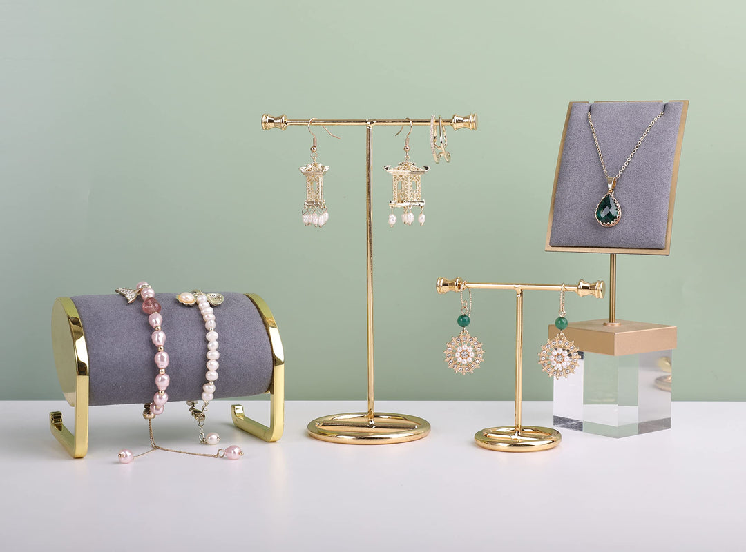 Gold Metal 2pcs T Bar Earring Display Stand, Jewelry Holders for online store Retail photography propsGold- Round Base 2pcs Height 3 and 6.1