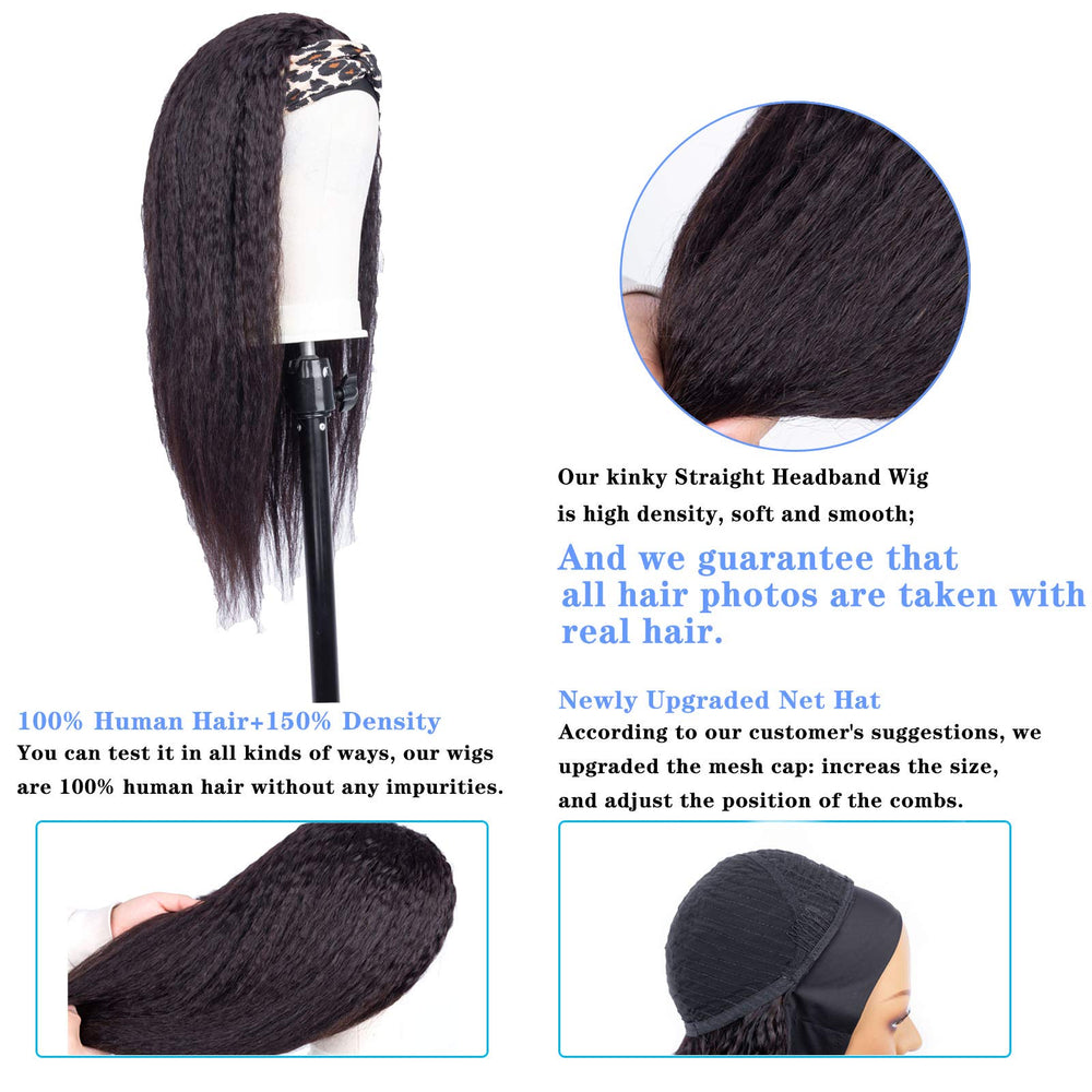 Kinky Straight Headband Wig Human Hair 150% Density Headband Wig Natural Black Kinky Straight Headband Wig 12inch Brazilian Virgin Human Hair Headband Wig Glueless Headband Wig Human Hair