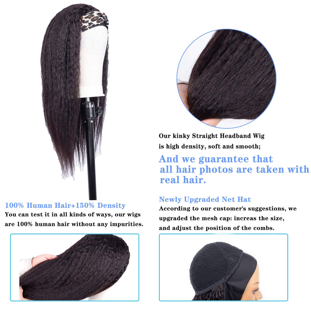 Kinky Straight Headband Wig Human Hair 150% Density Headband Wig Natural Black Kinky Straight Headband Wig 12inch Brazilian Virgin Human Hair Headband Wig Glueless Headband Wig Human Hair