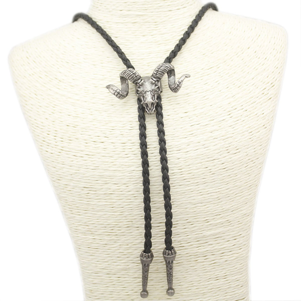 Vintage Silver Western Big Horn Sheep RAM Goat Skull Leather Rodeo Bolo Bola Tie Necktie