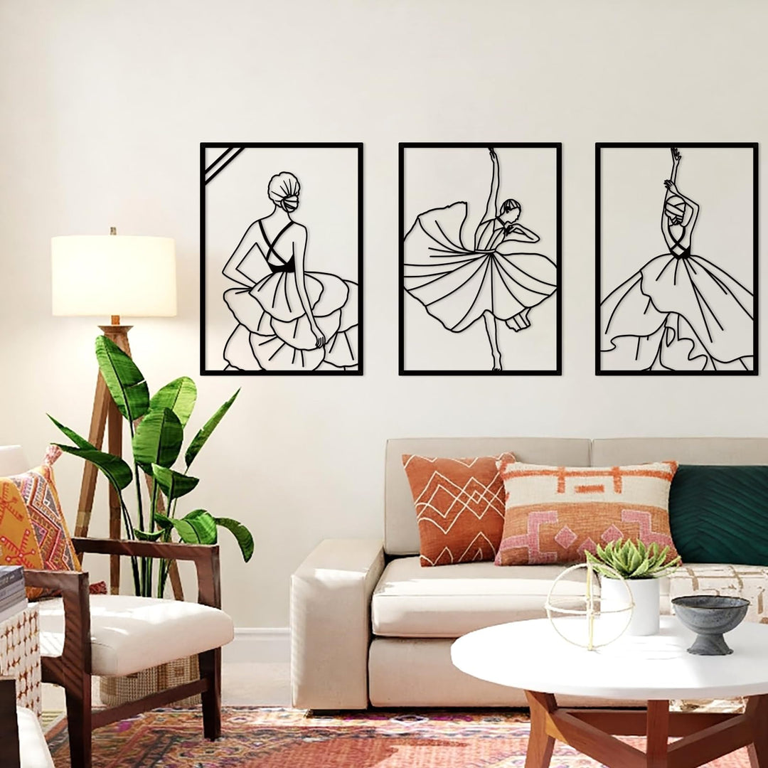 3 Pieces Metal Modern Minimalist Woman Wall Decor Abstract Line Drawing Female Dancers Simple Line Wall Art Home Decor for Bedroom Bathroom Living Room Dance Room (Gold)