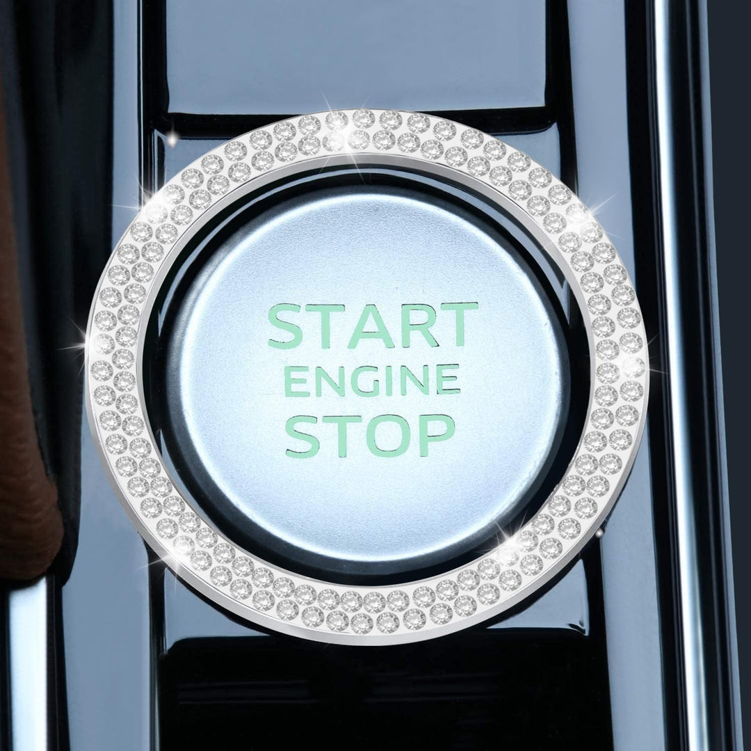 2 PCS Crystal Double Rhinestone Car Engine Start Stop Decoration Ring, Bling Car Interior Accessories for Women, Push to Start Button Cover/Sticker, Key Ignition &amp; Knob Bling Ring, White
