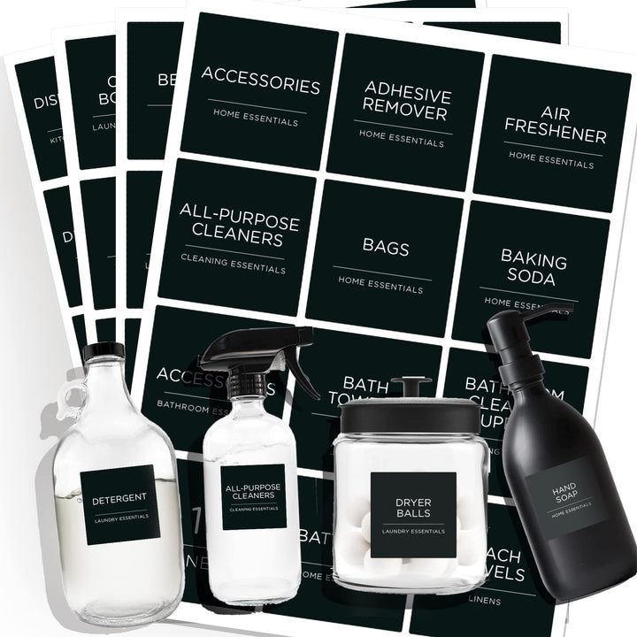 144 PCS Minimalist Laundry Room Labels Set, Water Resistant Stickers,Water/Oil Resistant Stickers for Laundry Room, Linen Closet Home Bathroom and The Beauty Organization(Black