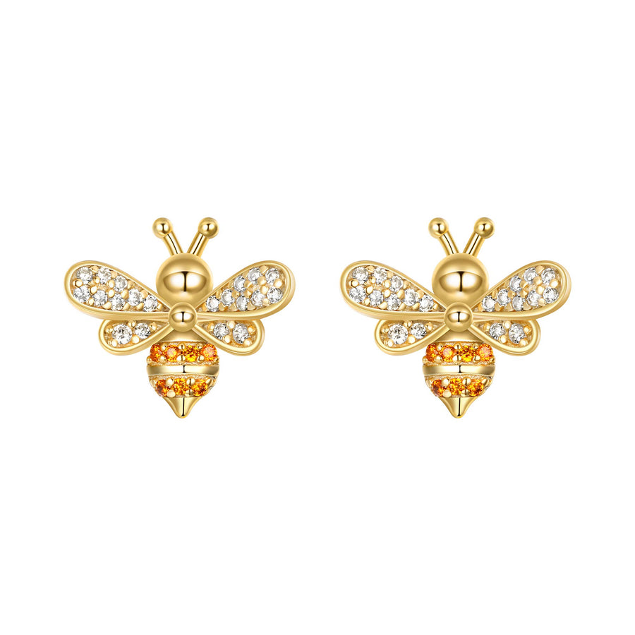 925 Sterling Silver CZ Gold Tone Tiny Bumblebee Stud Earrings for Women, Valentine's Day/Mother's Day/Christmas Jewelry Gift for Wife/Mom