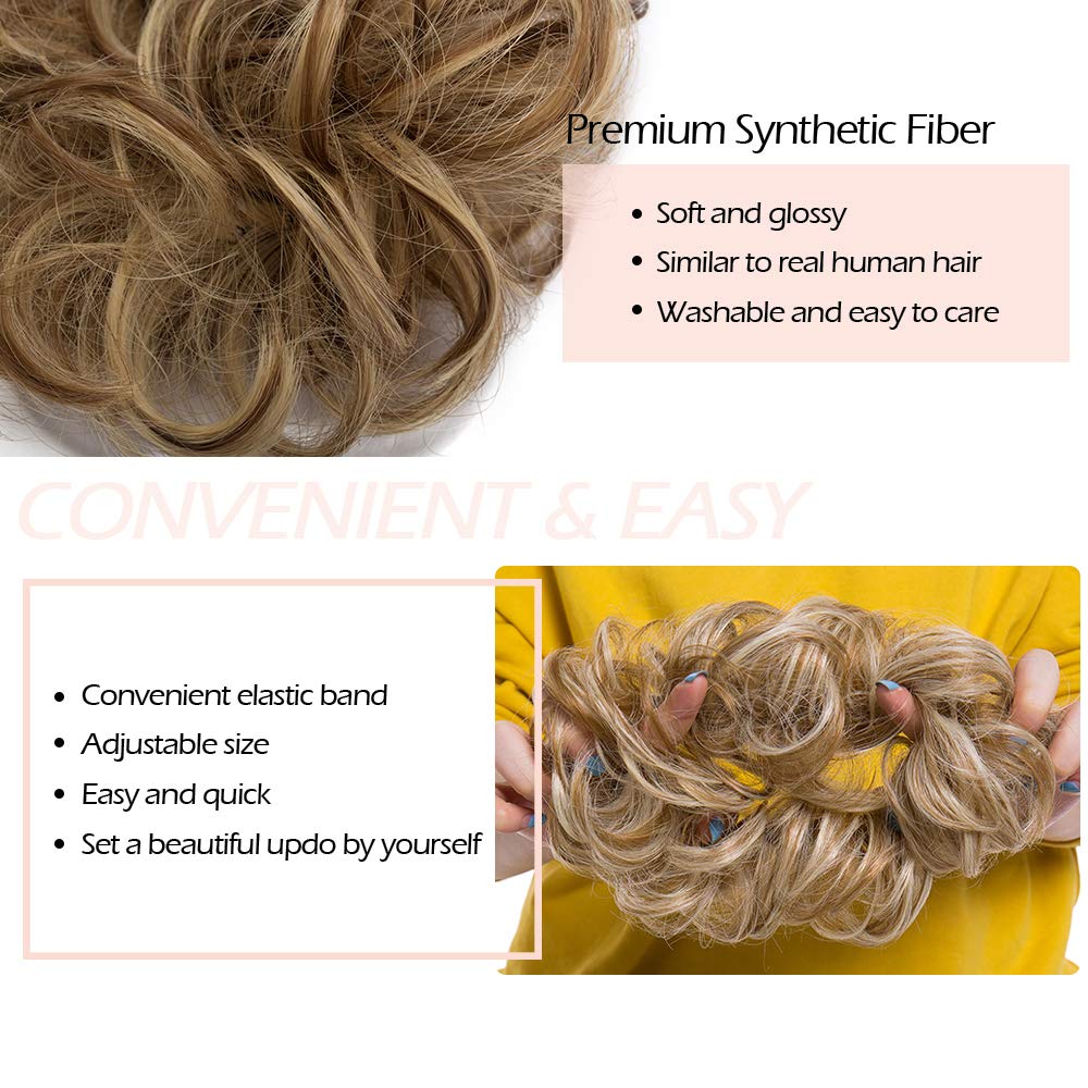 Synthetic Hair Bun Hair Pieces Messy Scrunchy Wavy Scrunchie Updo Elastic Donut Thick Full Wedding Bridal Hairpiece Easy Bun Updos for Women Kids 1pcs 40g #12h24 Light Brown Mix Ash Blonde
