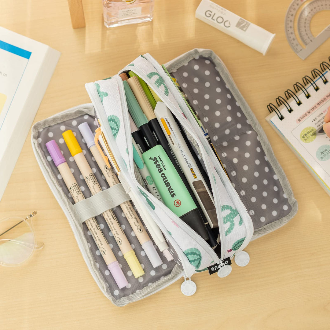 Large Pencil Case Big Capacity 3 Compartments Canvas Pencil Pouch for Teen Boys Girls School Students (Green Cactus)