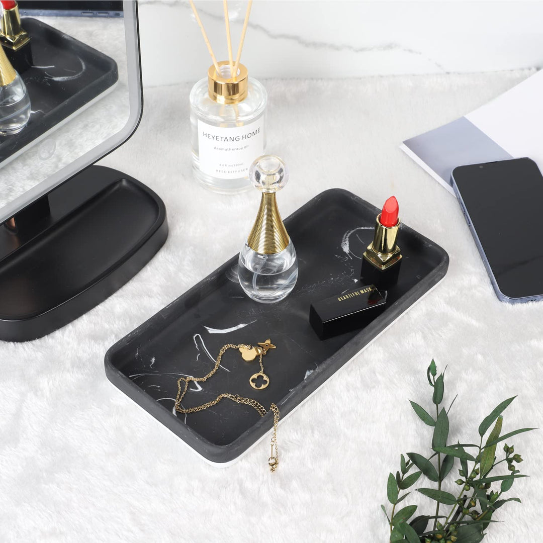 Vanity Tray, Bathroom Tray Toilet Tank Storage Tray, Resin Kitchen Sink Trays, Countertop Organizer for Candles Soap Towel Perfume Holder Jewlery Dish, Marble Black 11