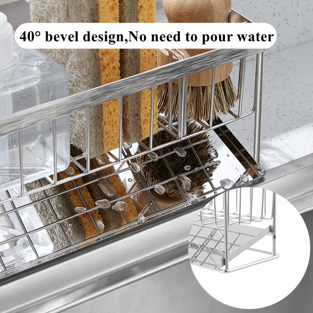 Kitchen Sink Caddy Organizer, 304 Stainless Steel Sponge Holder Sink Caddy for Dish Rags Brush Soap Scrubber with Auto Drain Tray