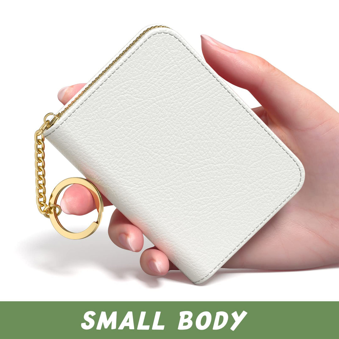 Credit Card Holder for Women, Small RFID Card Wallet Slim Leather Business Card Organizer Case with Zipper &amp; Keychain(White)