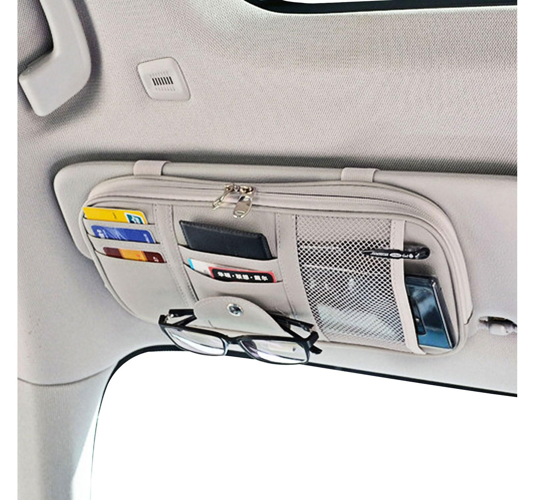 Car Sun Visor Organizer, Multi-Pocket Visor Organizer Storage Pouch for Cars, SUVs &amp; Trucks with Double Zippers, Elastic Bands &amp; Glasses Clip - Organizes Essentials Keep Tidy (Cream Grey)