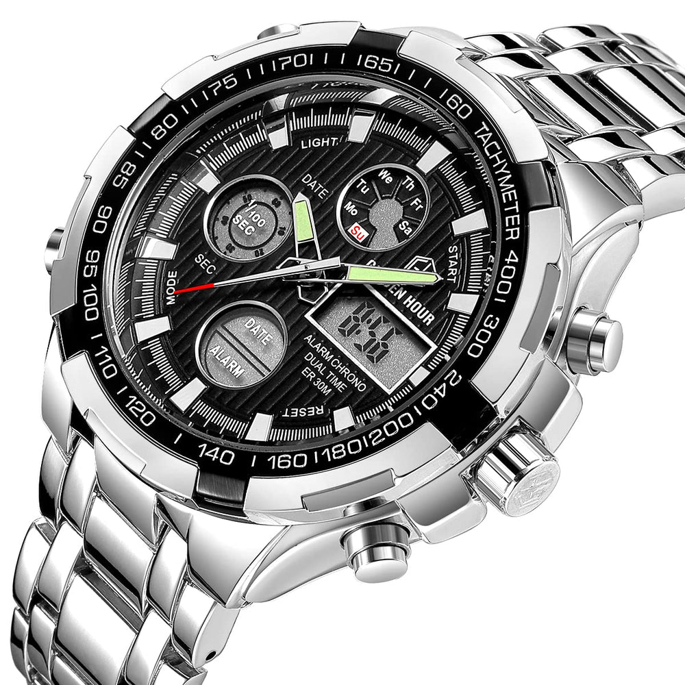GOLDEN HOUR Luxury Stainless Steel Analog Digital Watch