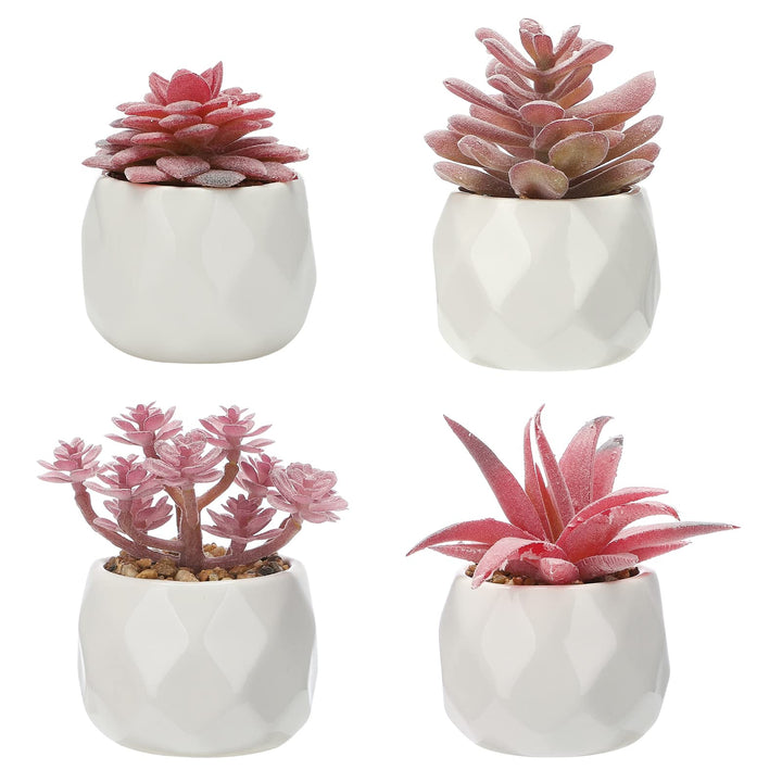 Artificial Succulent Plants Set of 4, Mini Life-Like Faux Succulents in White Ceramic Pots for Office Desk, Home Shelve, Fake Desk Plants for Home and Office Decoration