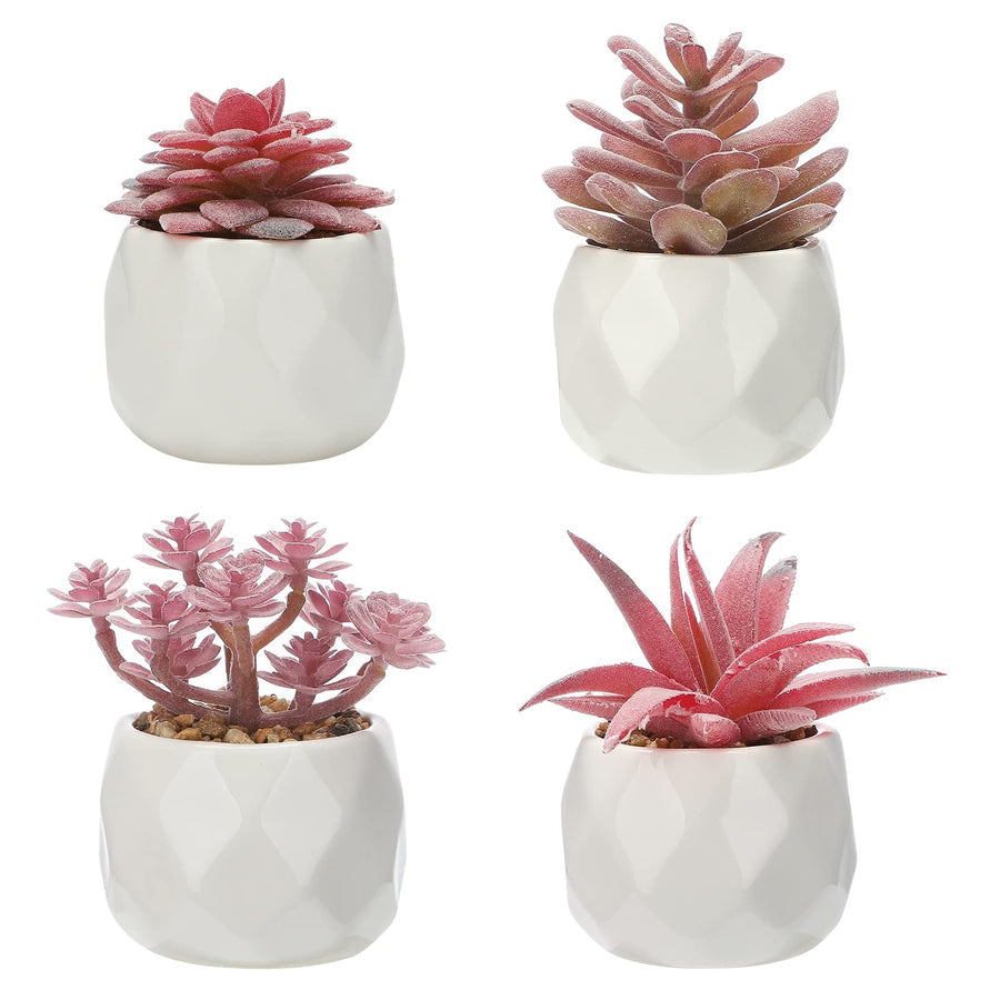Artificial Succulent Plants Set of 4, Mini Life-Like Faux Succulents in White Ceramic Pots for Office Desk, Home Shelve, Fake Desk Plants for Home and Office Decoration