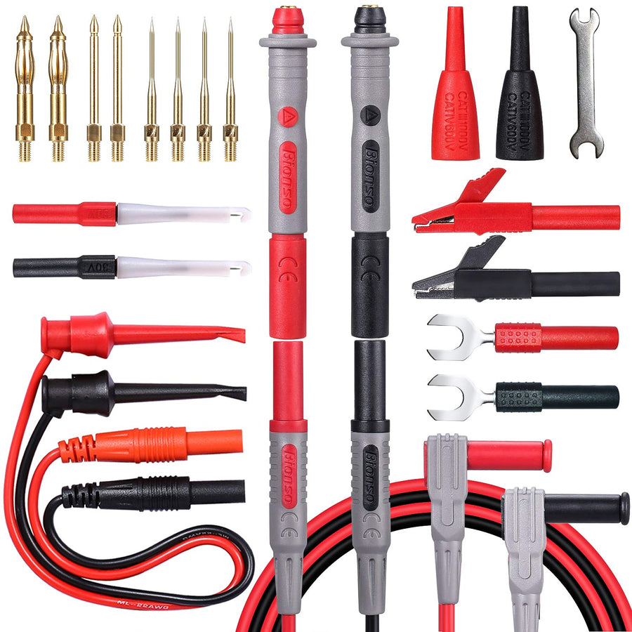 25-Piece Multimeter Leads Kit, Professional and Upgraded Test Leads Set with Replaceable Gold-Plated Multimeter Probes, Alligator Clips, Test Hooks and Back Probe Pins.