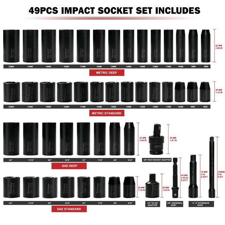 1/4 Drive Socket Wrench Set, 54PCS Socket Set, Drive Impact Socket Set with 72-Tooth Ratchet, Adaptor, CR-V, Metric(4-15mm) &amp; SAE(3/16-9/16), Deep/Standard, Extension Bar, Universal Joint
