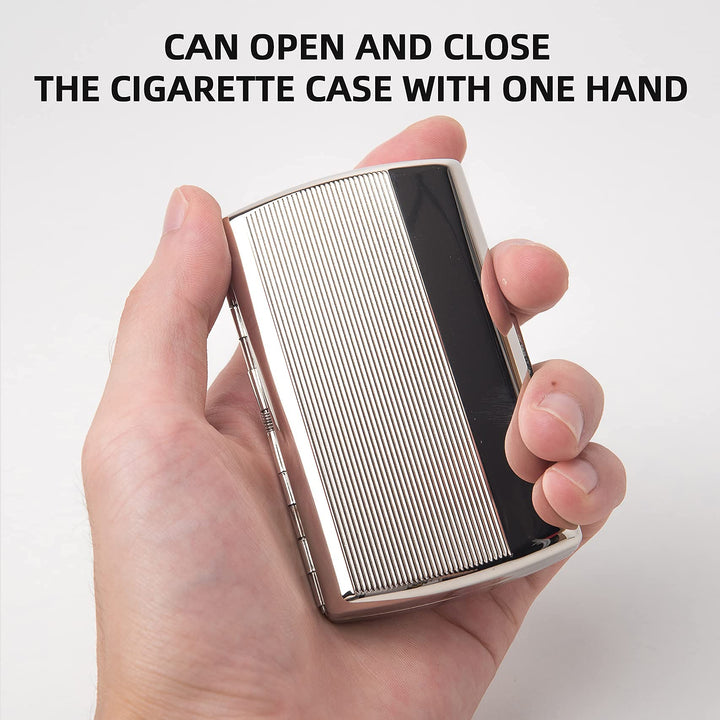 Mini Metal Cigarette Case - Women and Men, Portable Double Sided Spring Clip, Holds 12 85mm Cigarettes (Striped Silver)