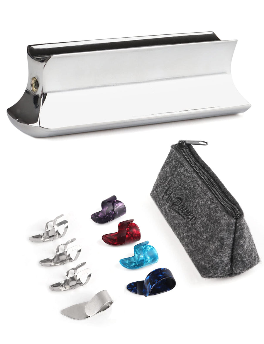 Guitar Slide Metal Steel Tone Bar for Dobro, Lap Steel Guitar, Hawaiian Guitar, Electric Guitar with Celluloid + Stainless Steel Metal Thumb & Finger Picks Plectrums + Bag