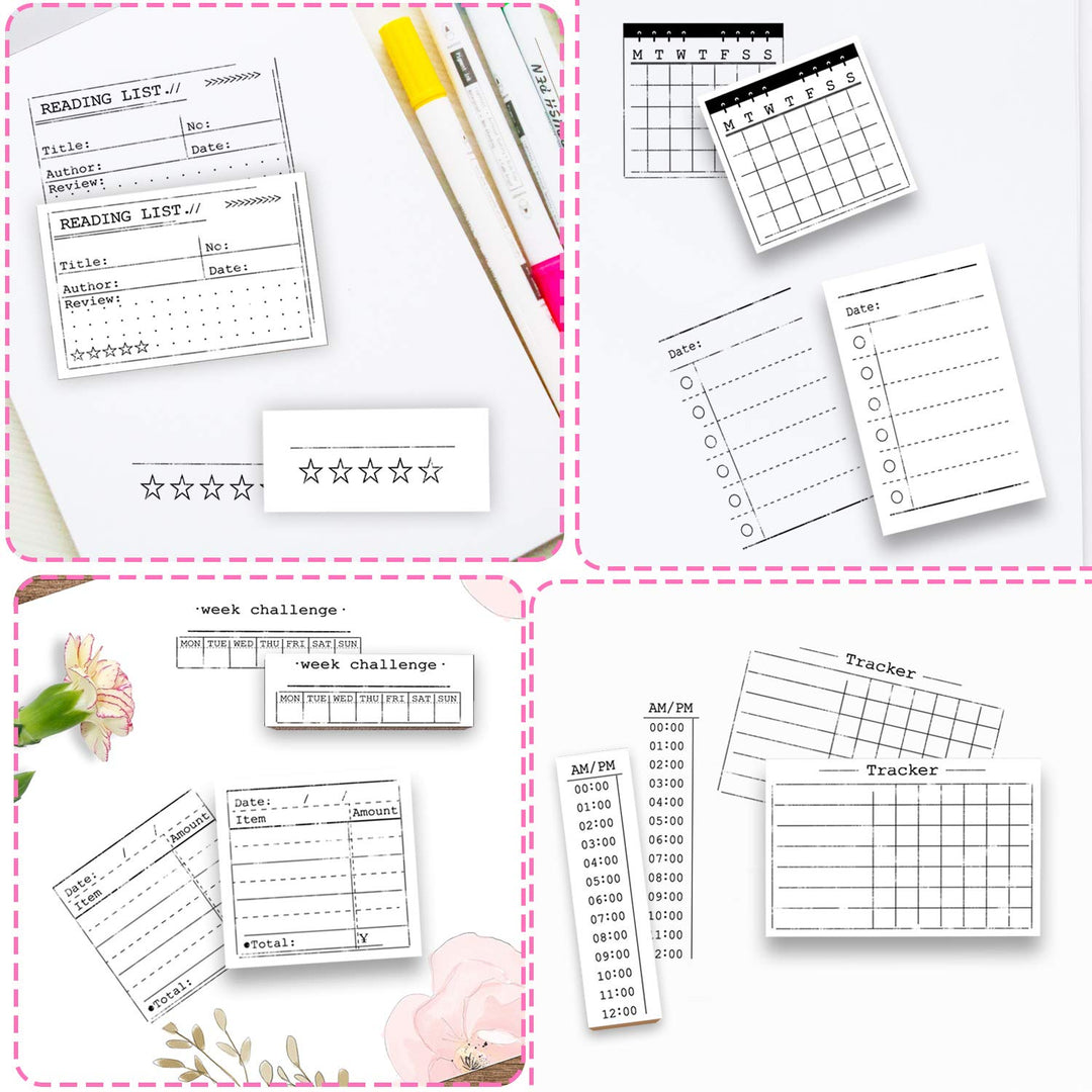 18 Pcs Journal Stamps w/Ink Pad, 4 Set Bujo Stamp Calendar Planner Stencil for Journal DIY, to Do List, Tasks, Month Week Dates Organizer, Scrapbooking Craft, Enhance and Simplify Your Planner
