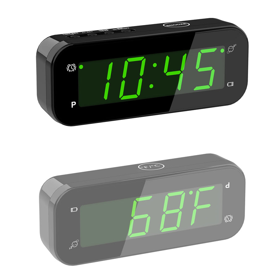 2 in 1 Alarm Clock, Indoor Thermometer, 12/24Hr, °C / °F, 3 Level Brightness, Auto Night-Mode, Snooze, Battery Powered, Portable Clock for Travel, Bedroom, Bedside, Desk, Office, Kids, Eldly